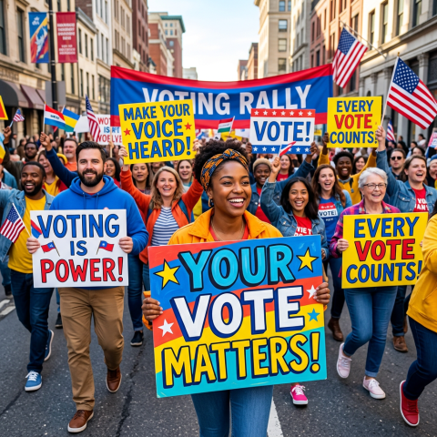Crowd at voting rally holding signs reading “YOUR VOTE MATTERS,” “VOTING IS POWER,” and “EVERY VOTE COUNTS.”